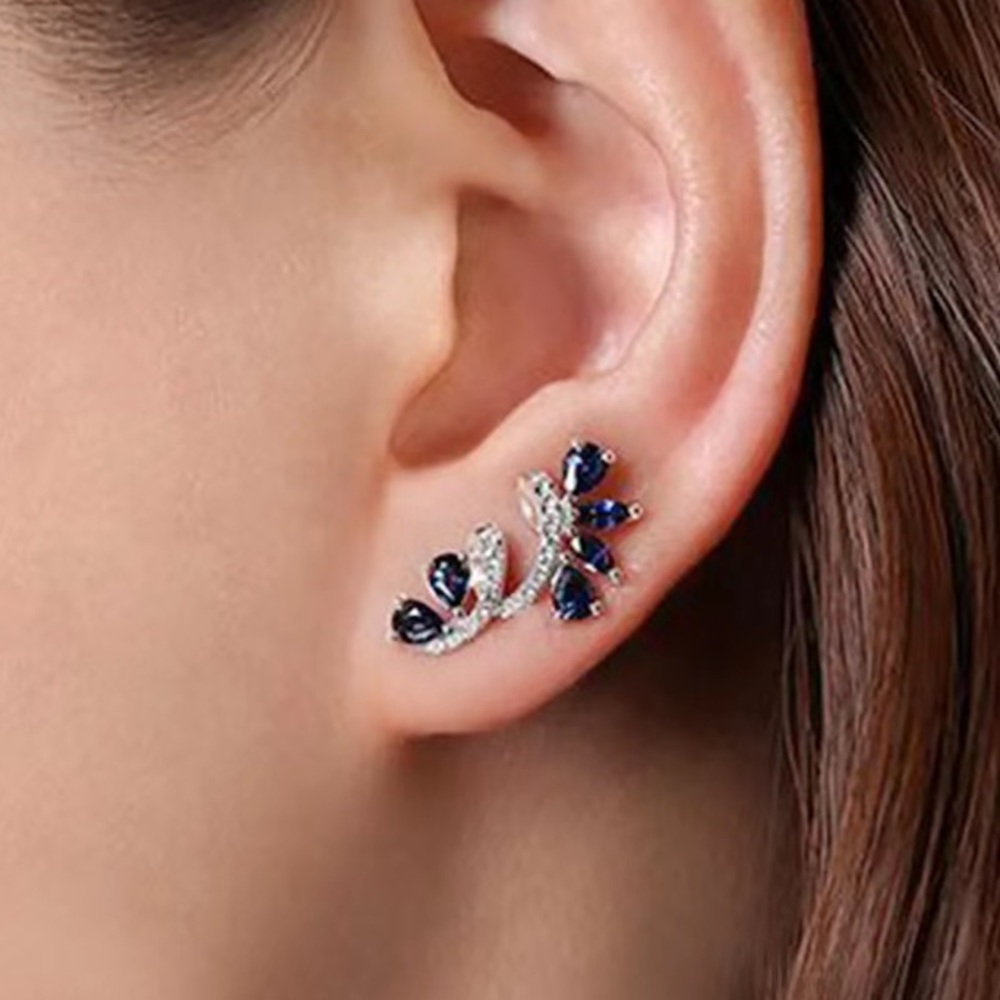 Sapphire & Diamond Silver Stud Earrings - Picture 3 of 8
